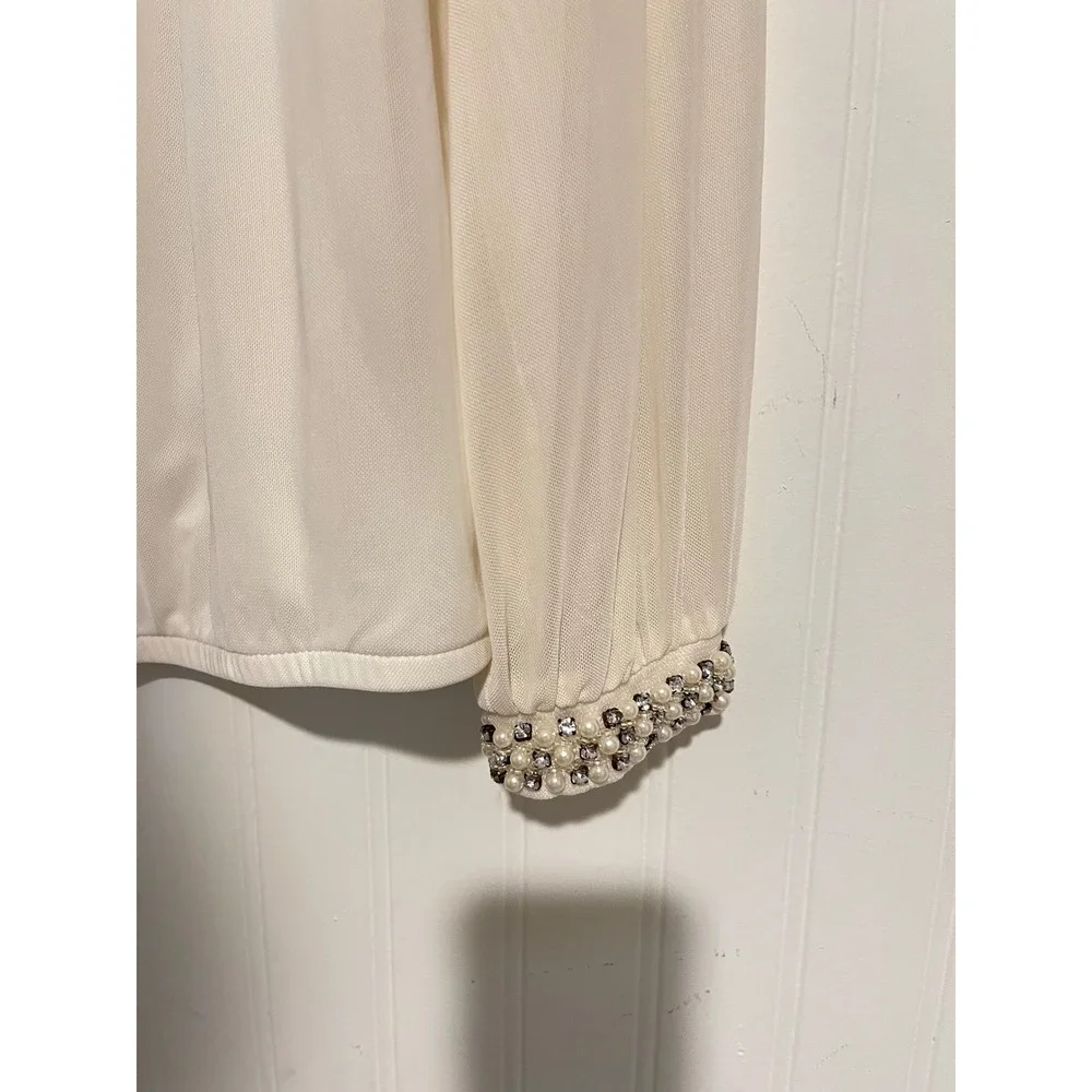 Focus 2000 Blouse Womens Small Ivory Sheer Sleeve Pearl Cuff Pleated office wear